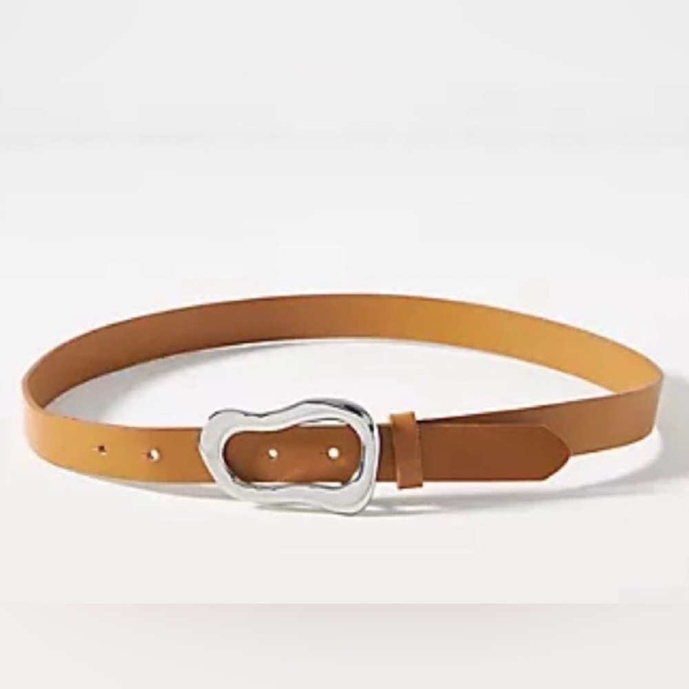 Anthropologie Linea Pelle Sculptural Buckle Leather Belt Honey Silver Size Large